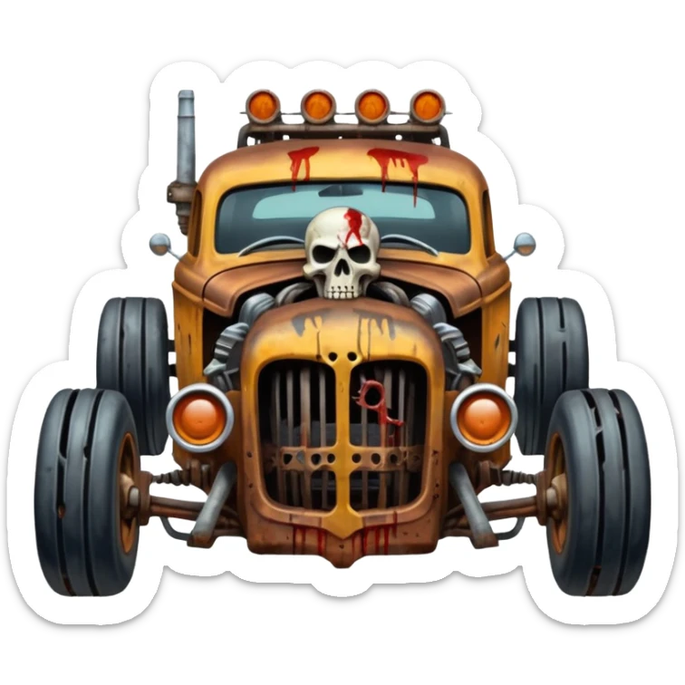 A mad max style hot rod in a zombie apocalypse, driving to the left. In the style of your bleeding skull art sticker
