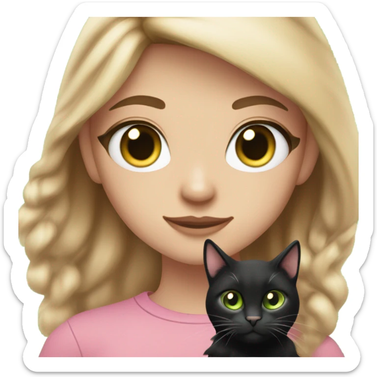 teenage girl with light brown hair, slightly wavy with volume, dark green eyes, long eyelashes, pretty face, scandinavian, wearing pink top, holding a cat with mostly black fur but also a little bit white fur sticker