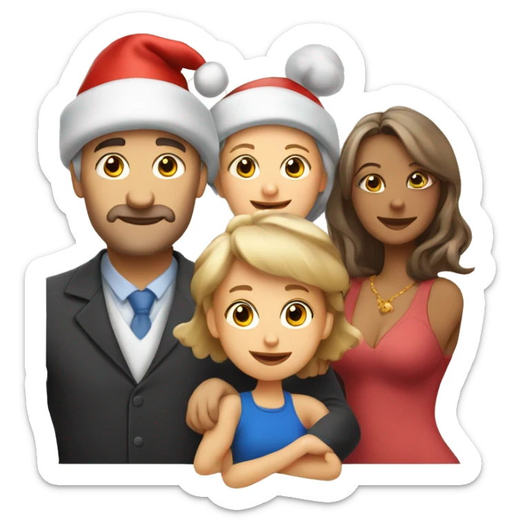 european family of 4 people (mom dad and 2 kids) celebrate new year in birthday hats sticker