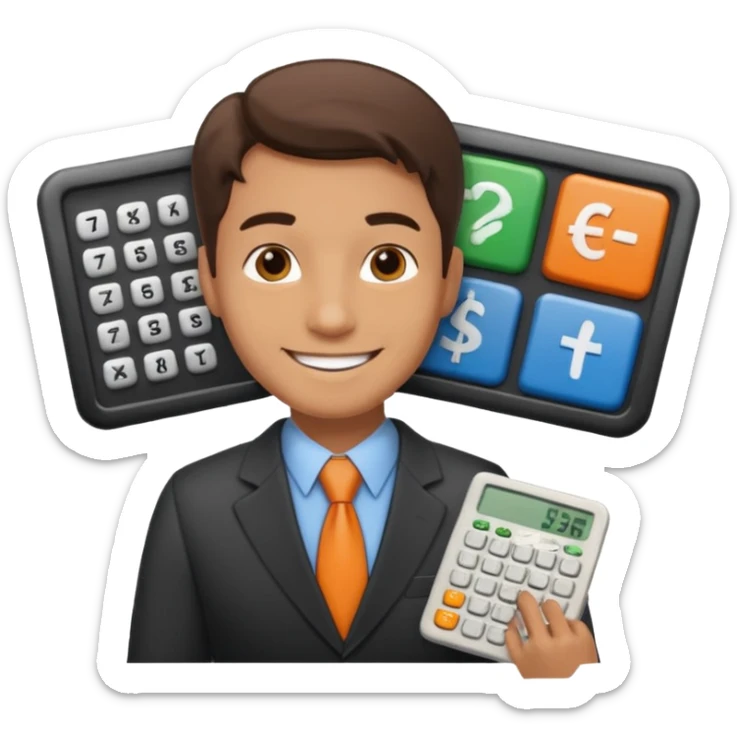 emoji, of a male AUDITOR smiling with Finance spreadsheet , a calculator,plus ADD A puzzle and a Balance for accounting. sticker