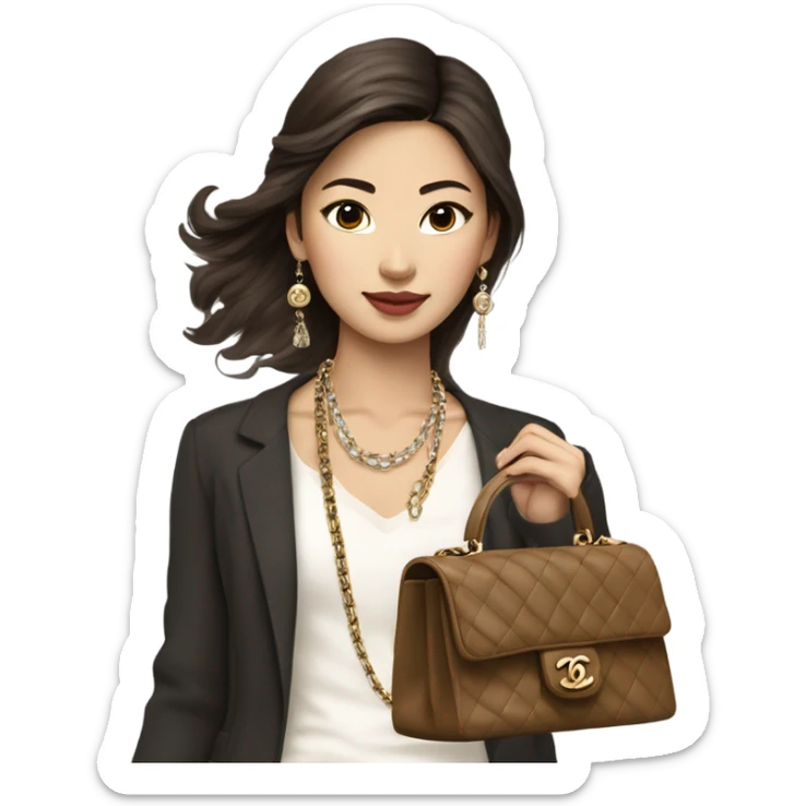 Realistic brown hair Chanel Asian Girl with Birkin bag and Chanel necklace sticker
