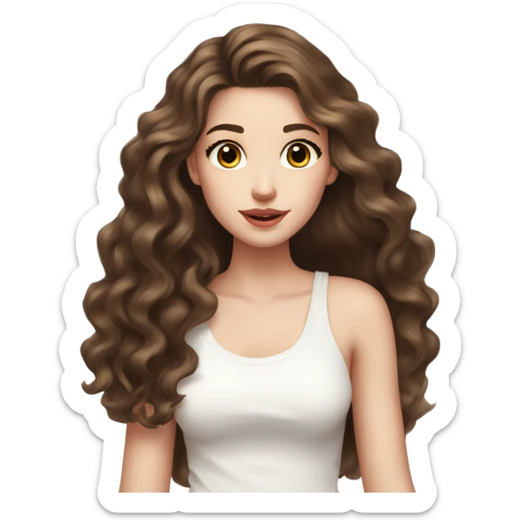 Cute girl, pale skin, big lips, wavy hair, long hair, brown hair, big lashes, white tanktop, long hair  sticker