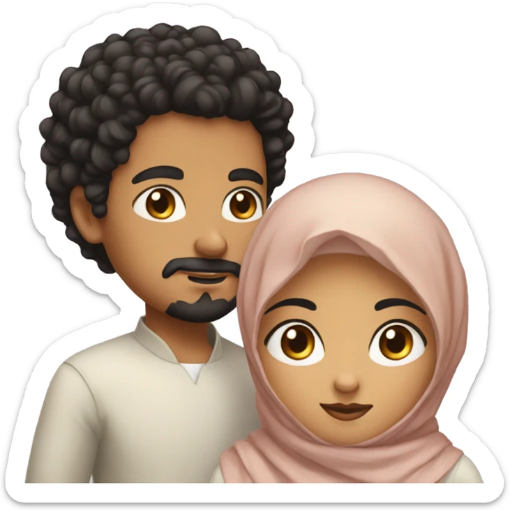 the brown boy has black short curly hair, goatee and moustache, black eyes. The girl has hijab  sticker