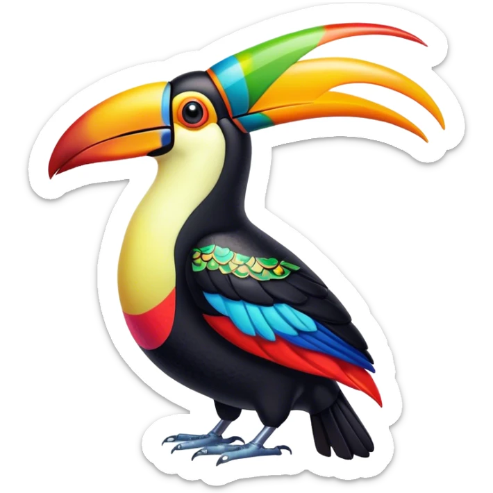 Cinematic Noble Toucan Portrait Emoji, Poised and regal, with a vibrant, striking beak and a sleek, colorful body adorned with bold patterns and keen, observant eyes, Simplified yet sharp and sophisticated features, highly detailed, glowing with a soft, tropical radiance, high shine, intelligent and majestic, stylized with an air of exotic elegance, focused and alert, soft glowing outline, capturing the essence of a watchful and confident avian guardian that appears ready to take flight out of the screen with effortless authority! sticker