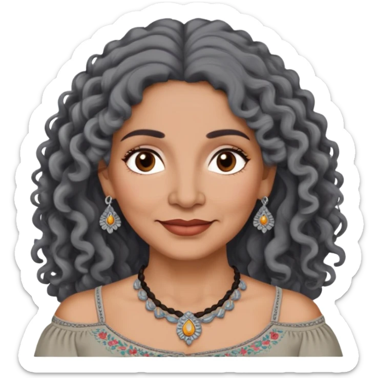 Latina woman, about 55 years old, dark warm brown skin, round soft face, long curly black and gray hair, no headband, medium eyes, thin eyebrows, gentle smile, gray peasant blouse with embroidery, bare shoulders, large dark necklace sticker