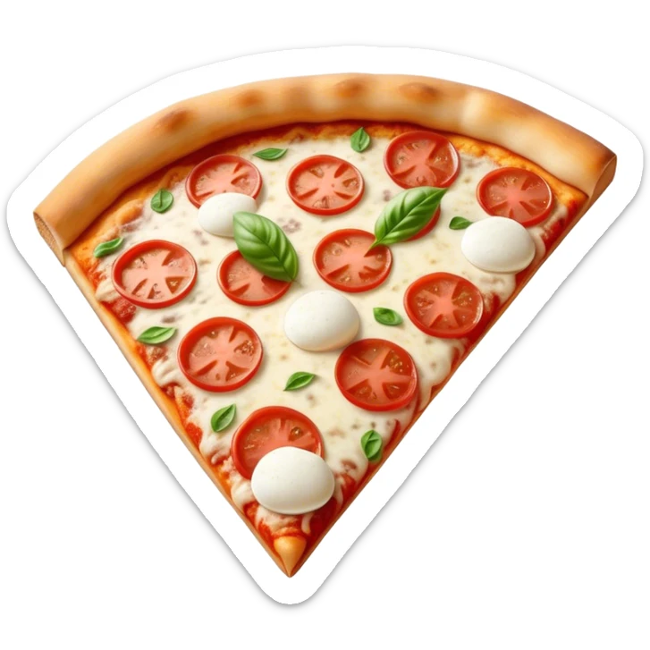 Pizza Napoletana Cinematic Realistic Pizza Napoletana Dish Emoji, depicted as a delicious slice of Neapolitan pizza with a thin, crispy crust, fresh tomato sauce, mozzarella, and basil, rendered with mouth-watering textures and vibrant, warm lighting. sticker