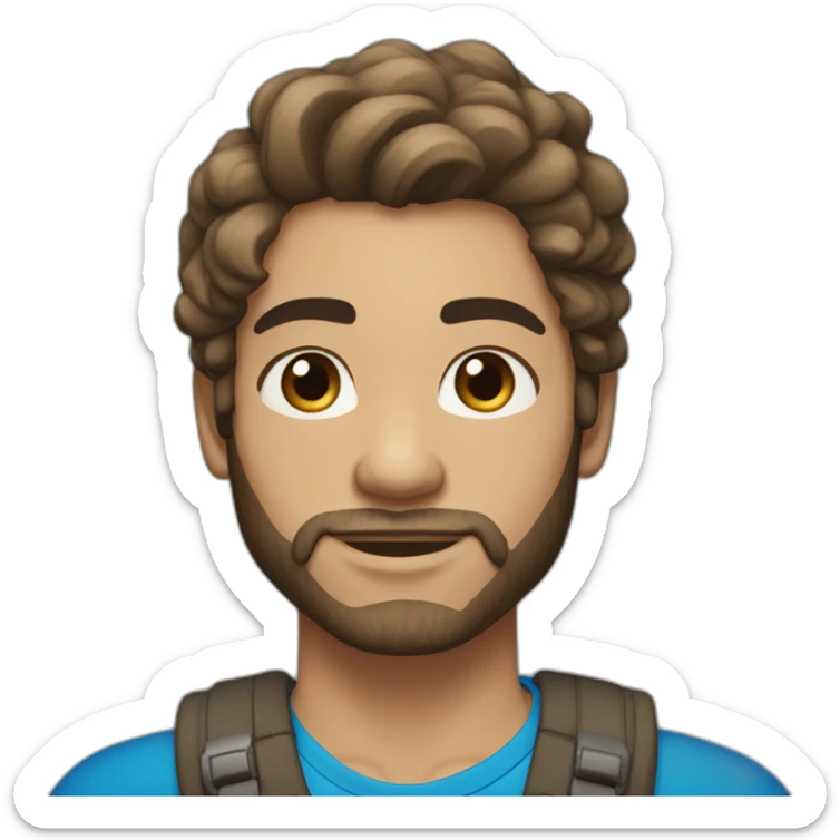 transmasculine person with light skin, dark stubble, dark brown long hair half up, blue eyes sticker