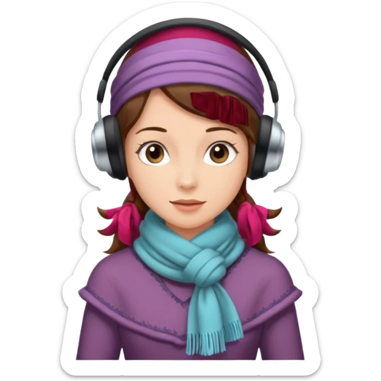 Victorian ice skater in a long dress. She is wearimg a scarf and earmuffs. She has brown hair. sticker