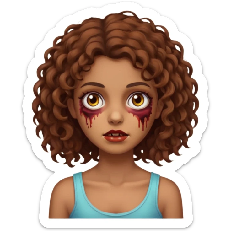 Faça uma garota zombie de cabelo cacheado castanho, olhos castanhos escuro e pele parda com o cabelo menos volumoso e no ombro sticker