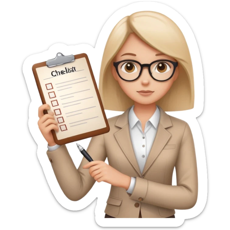a person holding a checklist and pen, wearing smart casual clothing. The character is in a focused pose sticker