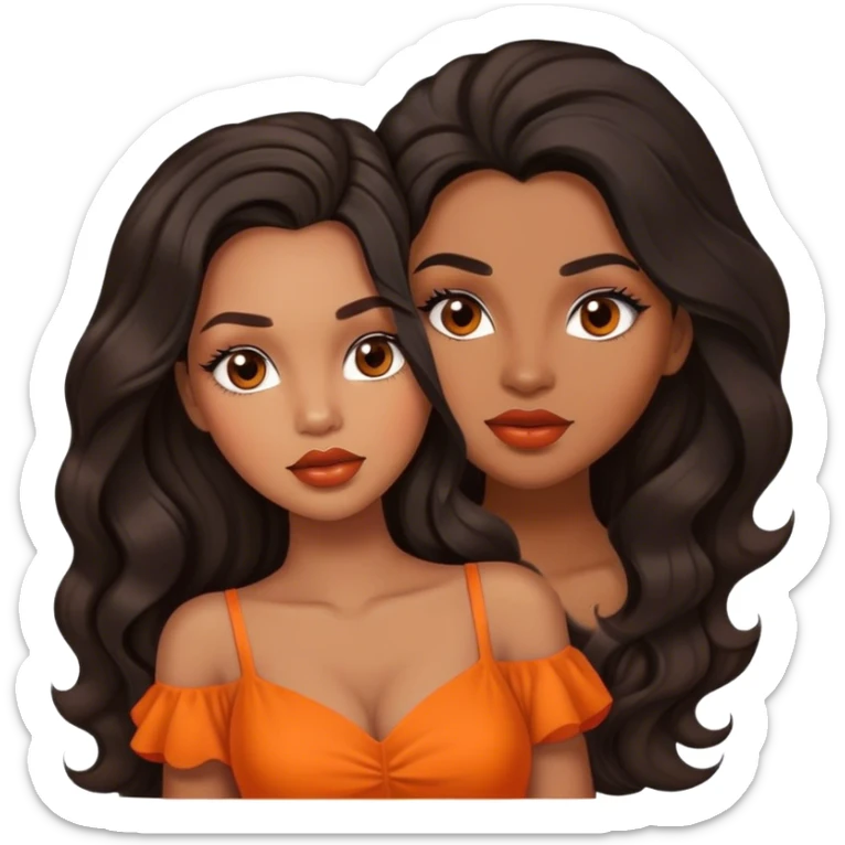 light brown skin tone, very beautiful woman, with big plump lips, long long lashes, black long wavy hair, middle hair parting, brown eyes, orange dress sticker