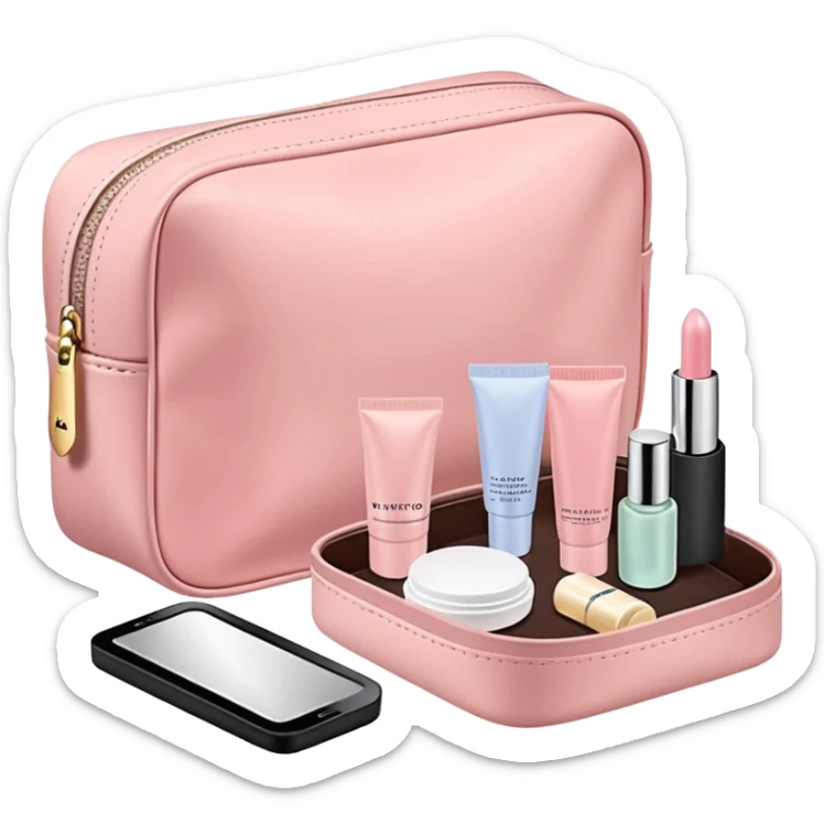 Pastel pink cosmetic travel pouch with skincare minis, clean setup sticker