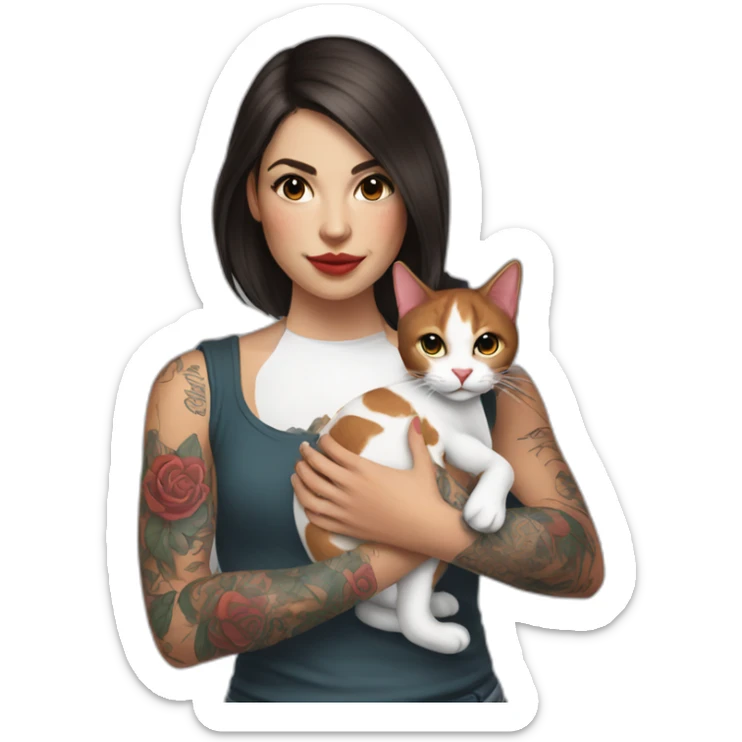 young tattooed brunette woman holding a red and white cat in her hands sticker
