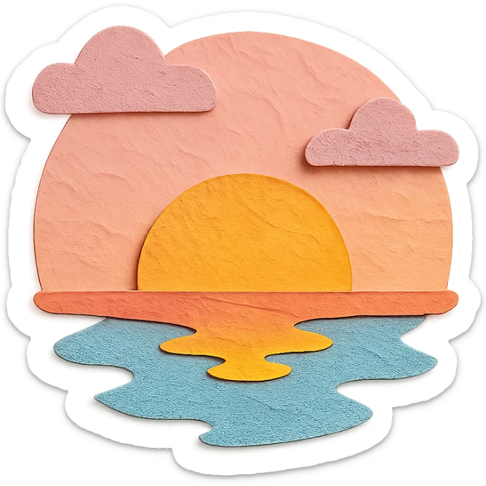 aesthetic morning sunrise, over calm water, pink and orange sky, peaceful atmosphere, in Paper Craft style sticker