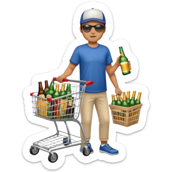 man with a shopping cart full of beers and wines full body sticker