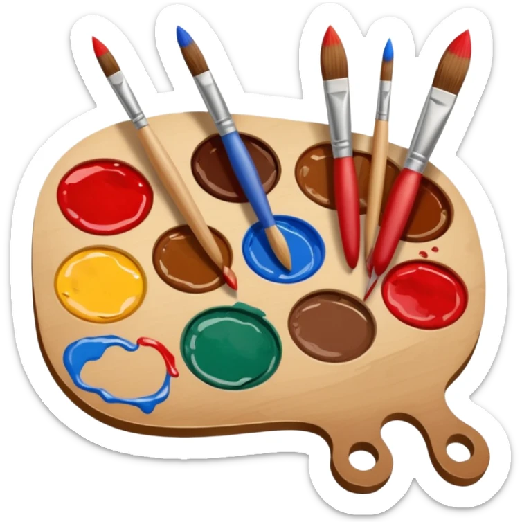 STICKER PINCEAUX ROUGE ET BRUN AVEC PALETTE DE PEINTURE ET TACHE DE PEINTURE sticker