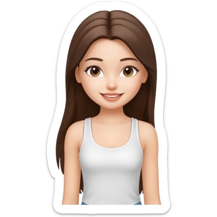 a pretty bratz fair girl with straight brunette long hair, middle partition. wearing a white thin strap trap tank top, smiling, wearing light makeup. very pretty. sticker