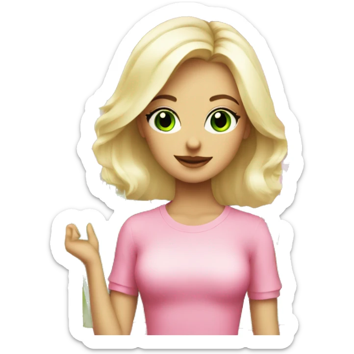 cute platinum blonde with green eyes surrounded by pink shopping bags sticker