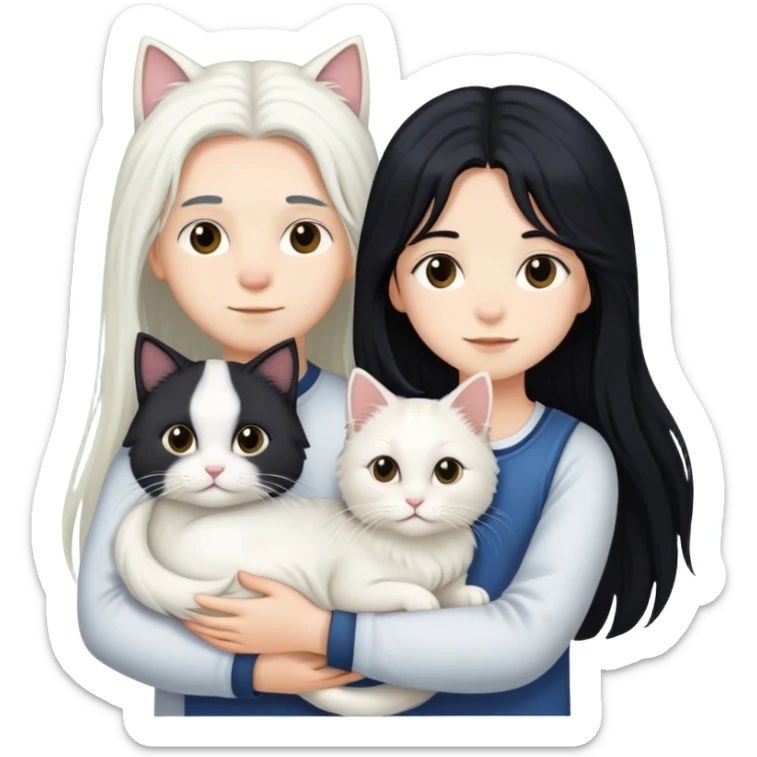 A young boy and a girl with long black hair holding a white long-haired cat sticker
