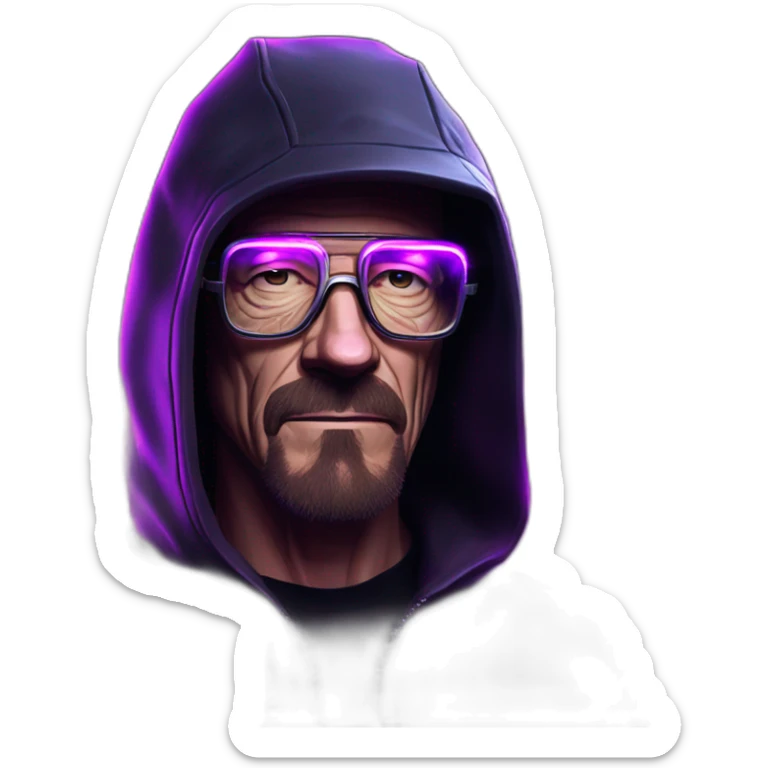 Walter White wearing a black hoodie with "OMG" letters on it and VR headset in a cyberpunk VR environment with violet neon lighting. sticker