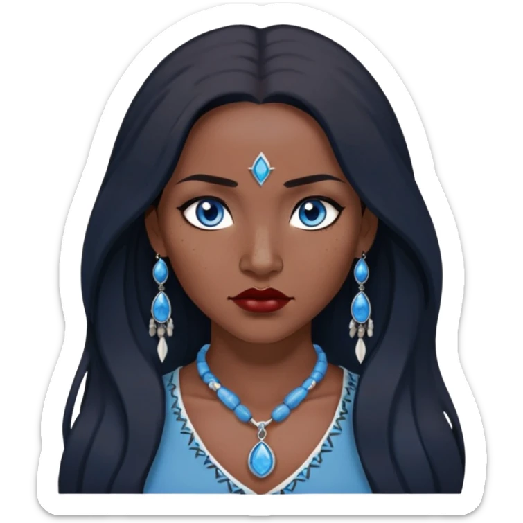 woman katara native american blue eyes dark skin freckles dark black long hair reddish lipstick necklace with sapphire pendant sticker