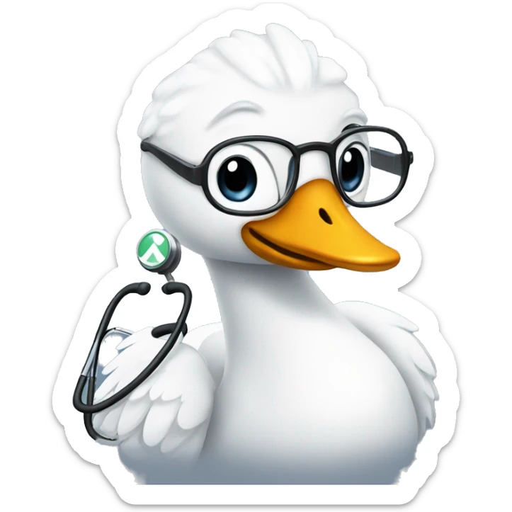 an adult swan with wings dressed as a clinician with glasses and a stethoscope sticker