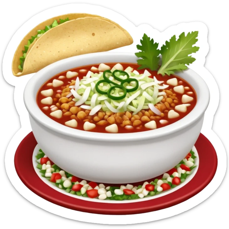 A delicious hot bowl of pozole rojo emoji. Steam rising. Hominy visible. Place the sides next to the bowl: chopped onions, shredded cabbage, lime wedges, red chile de arbol salsa, and full round tostadas sticker