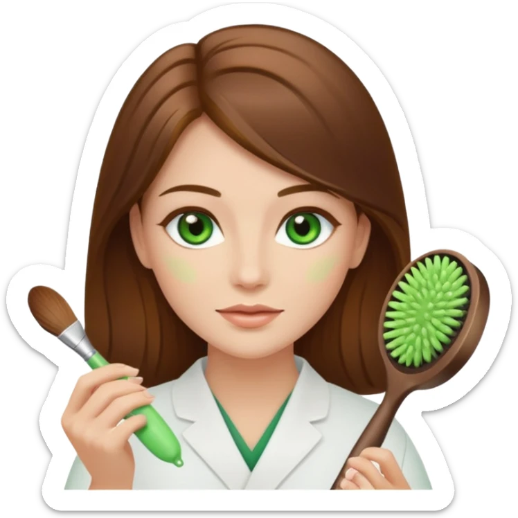 Brown haired, long hair, green eyed aesthetician, holding a facial brush sticker
