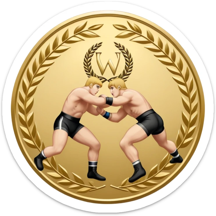 An icon symbolizing wrestling combat sports in the style of an emblem. The design features two wrestlers locked in a powerful grapple, one attempting to take the other down. Surrounding the scene are stylized elements like a championship belt, wrestling mat, and a laurel wreath. Transparent background sticker