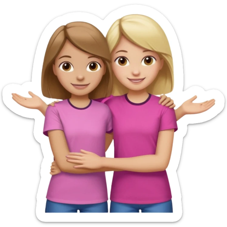 Two Girls with their arms around each other at summer camp one blonde one brown hair brown hair wearing pink shirt sticker