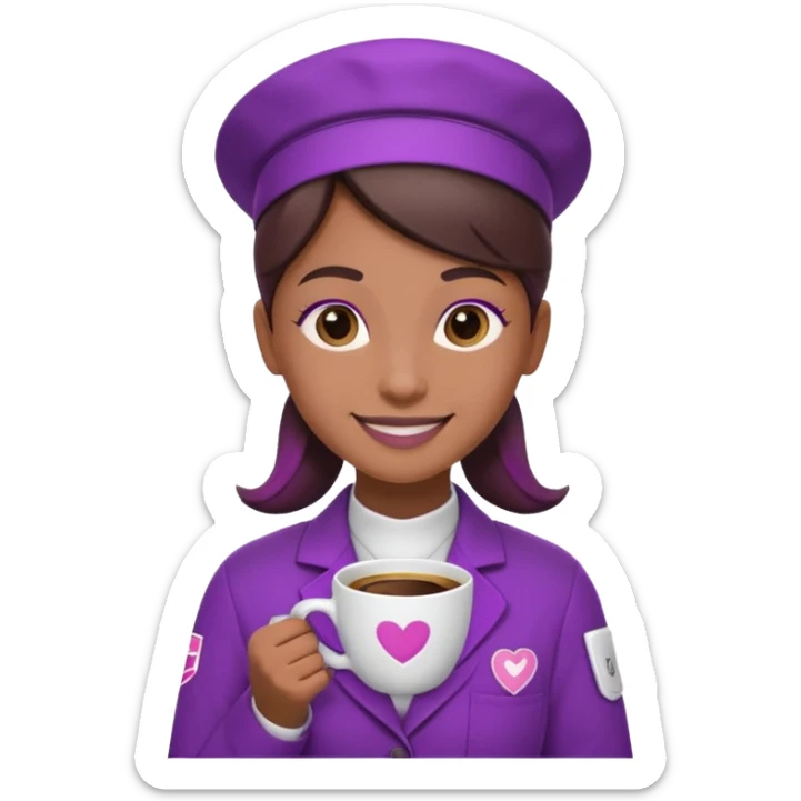 Create 3D minimalist emoji in the style of Coffee Lover — a coffee shop and roastery brand.
Style: cozy, warm.
Colors — purple-pink range.
barista with coffee
on the form it says Coffee Lover sticker