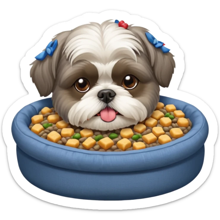 old ALL grey shih tzu in dog bed tongue hanging out bowl of food in front sticker