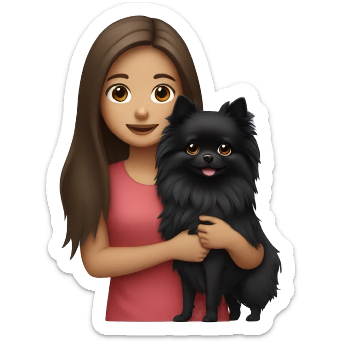 Girl with long brown hair holding a Black Pomeranian dog sticker