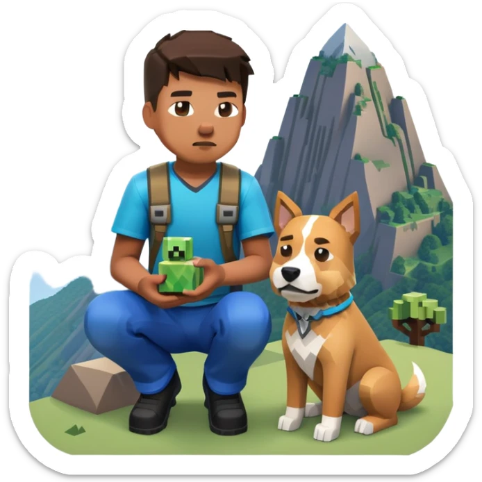 A bloxd Player Named Alex In a mountain kneeled down with a minecraft pet dog  sticker