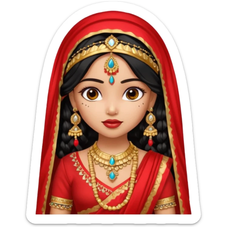 a pretty bratz fair indian girl wearing a red indian wedding outfit with dupatta on head,  golden jewellery, black wavy hair sticker
