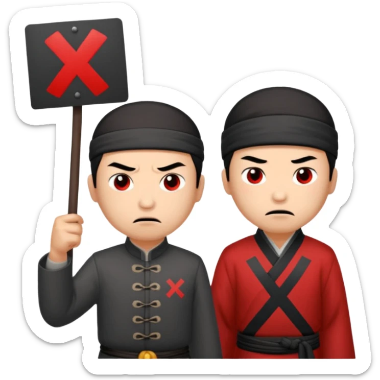 qing empire man who is of han ethnicity who looks angry that is holding a sign that has a red x on it to another man who is not han ethnicity who looks sad sticker