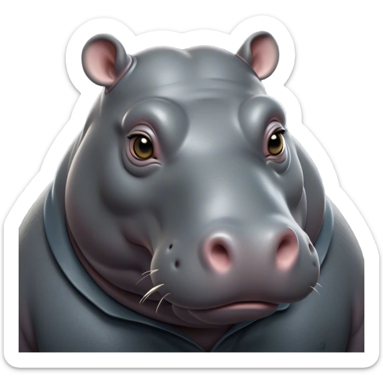 Cinematic Noble Hippo Portrait Emoji, Poised and regal, with a massive, robust build and a smooth, well-groomed slate-gray hide, deep-set soulful eyes, Simplified yet sharp and sophisticated features, highly detailed, glowing with a soft, dignified glow, high shine, intelligent and calm, stylized with an air of riverine majesty, focused and attentive, soft glowing outline, capturing the essence of a watchful and confident water-dweller, so majestic it feels as though it could lumber out of the screen with effortless authority! sticker