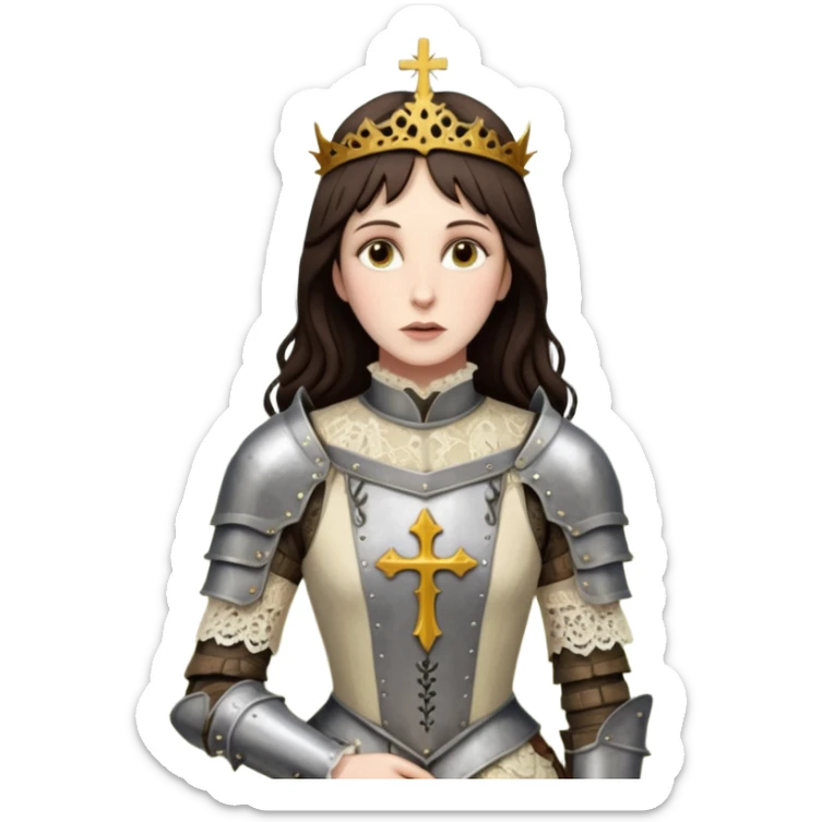 realistic cinematic actress Cher in Victorian lace styling like Joan of Arc dirty damaged armor in a forest sticker