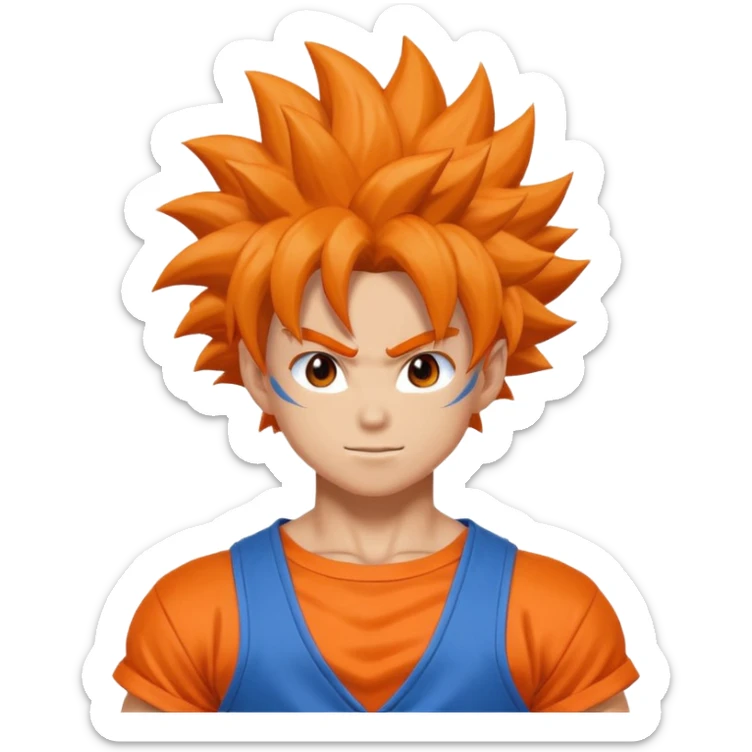 cheerful anime fighter with wild hair, orange and blue outfit, inspired by Goku emoji sticker