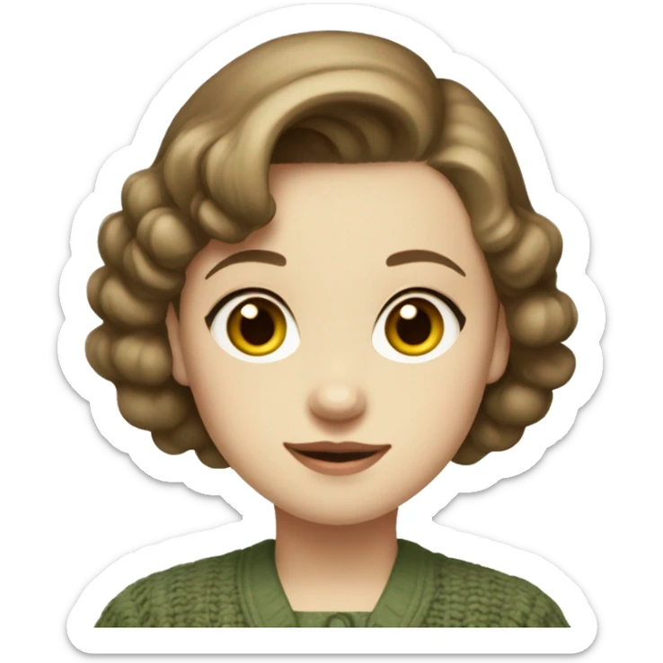 Very young girl with pale skin, straight, warm brown, short hair, a brown 1940s dress with an earthy green cardigan sticker