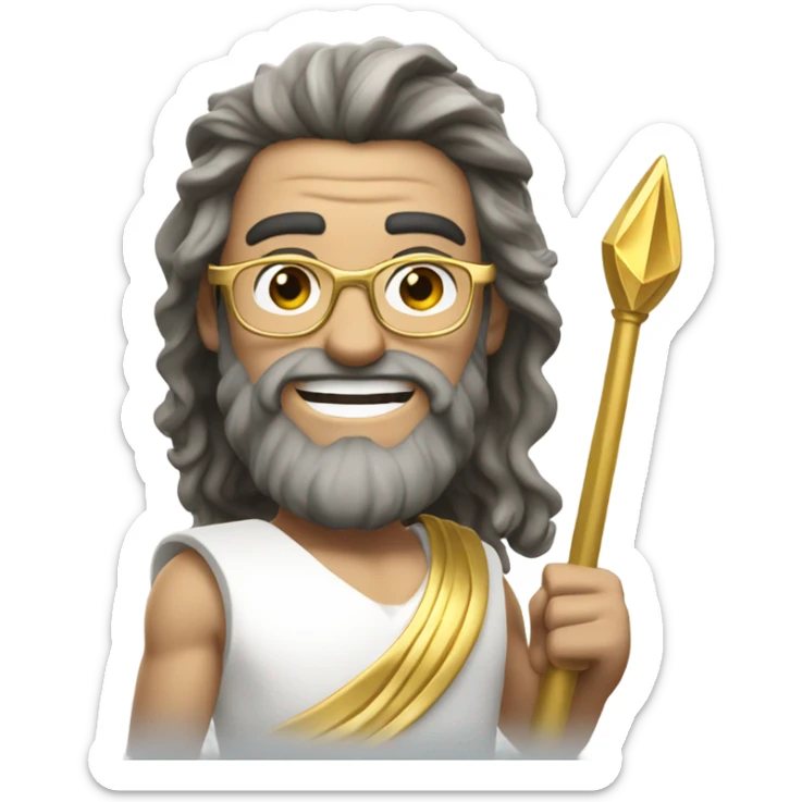 white Poseidon with gold Trident and nerd glasses. long hair white dress. smile . wink. pointing us sticker