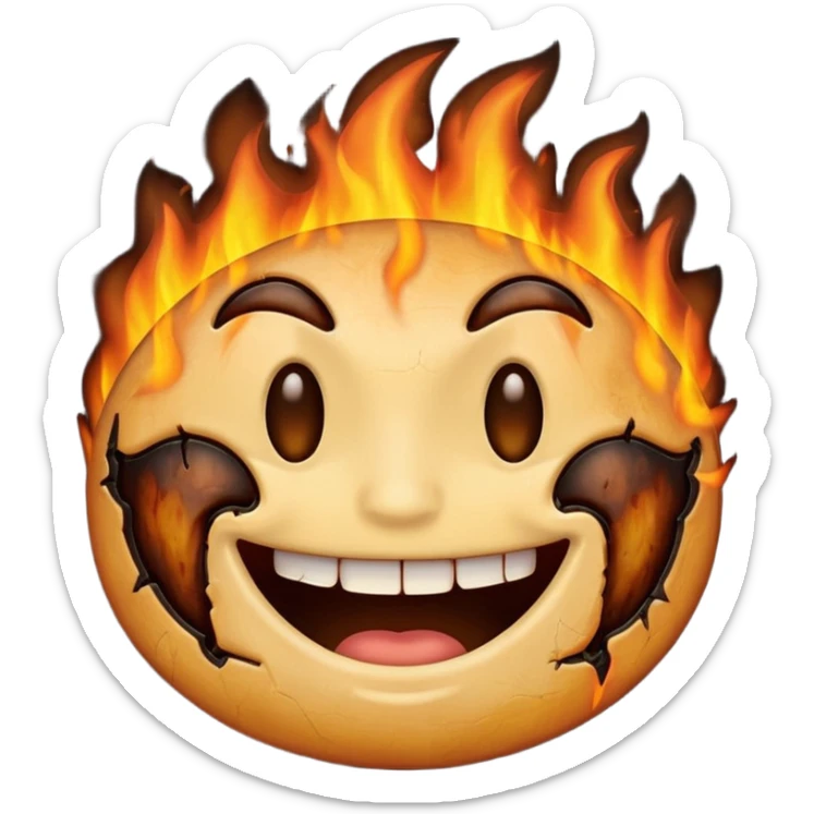 A emoji with half of his face where his left eyes at is burnt with the emoji having a big grin sticker