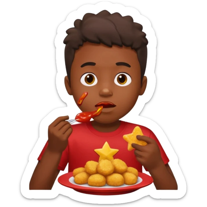 A boy with dark skin wearing a red and yellow t-shirt, eating star-shaped chicken nuggets with ketchup sauce. sticker