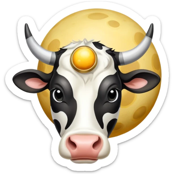 A spotted black and white cow head with Saturn's yellow-beige planet as the body and its iconic rings around the middle sticker