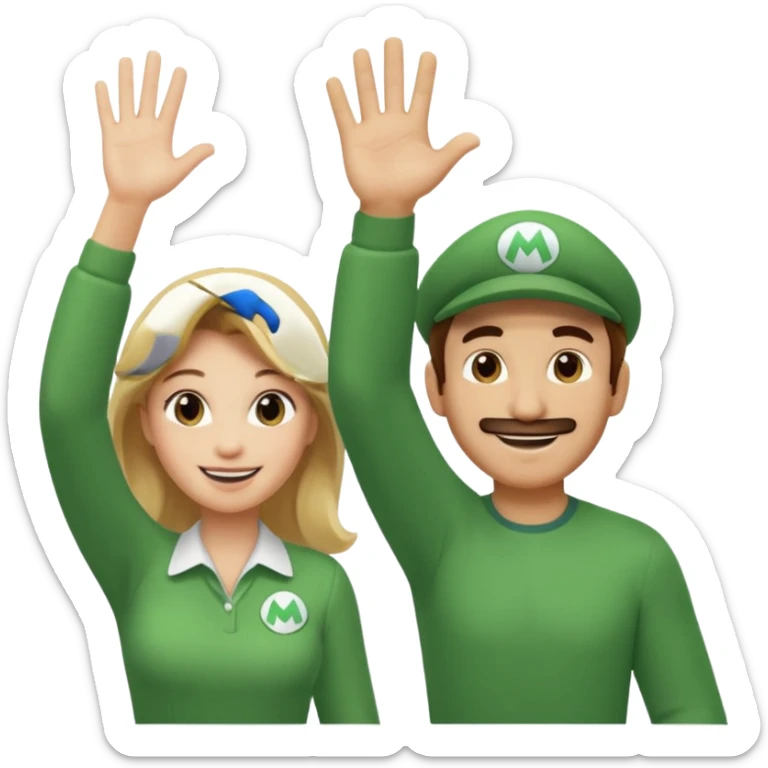 blonde female Luigi and a normal brown hair male mairo. They are friends! Maybe highfiving or just smiling sticker