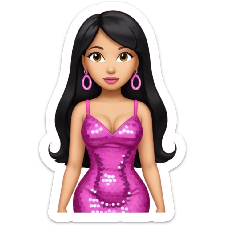 Nicki Minaj with long black hair, dark pink sequin dress, pink earrings sticker