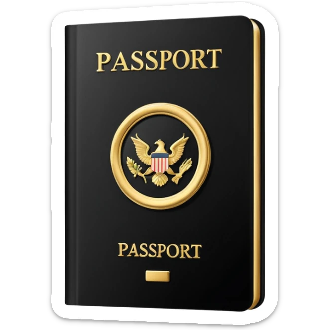 Minimal emoji icon of a black passport, matte cover, simple gold emblem, clean lighting sticker