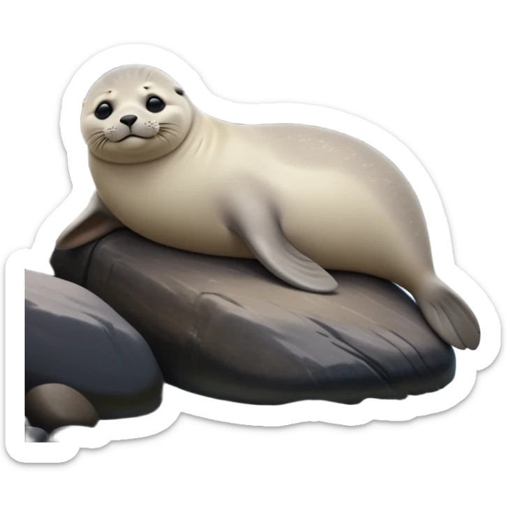 cinematic-seal-realistic-full-body-lounging-emoji,-plump-sleek-body-stretched-out-on-a-rocky-shoreline,-short-smooth-fur-glinting-in-the-sea-breeze,-flippers-tucked-comfortably-beneath-its-body,-large-dark-eyes-filled-with-playful-curiosity,-whiskered-muzzle-lifted-slightly-as-if-smiling,-simplified-yet-realistic-focused-features,-highly-detailed,-glowing-with-a-refreshing-marine-radiance sticker