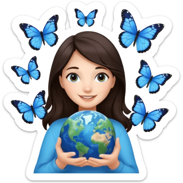 Successful CEO (brunette girl, another emoji, in the middle), holding the Earth 🌍 in her hands smiling warmly, blue monarch butterflies fly around her. sticker