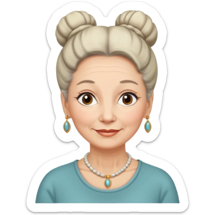 emoji of a lady in her 70s, hair in a neat bun, wearing a necklace, warm expression sticker